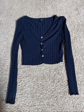 Navy Ribbed V-Neck Button Crop Long Sleeve Top